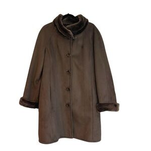 Gallery Women's Button Down Faux Fur Vegan Suede  Jacket Coat Size L